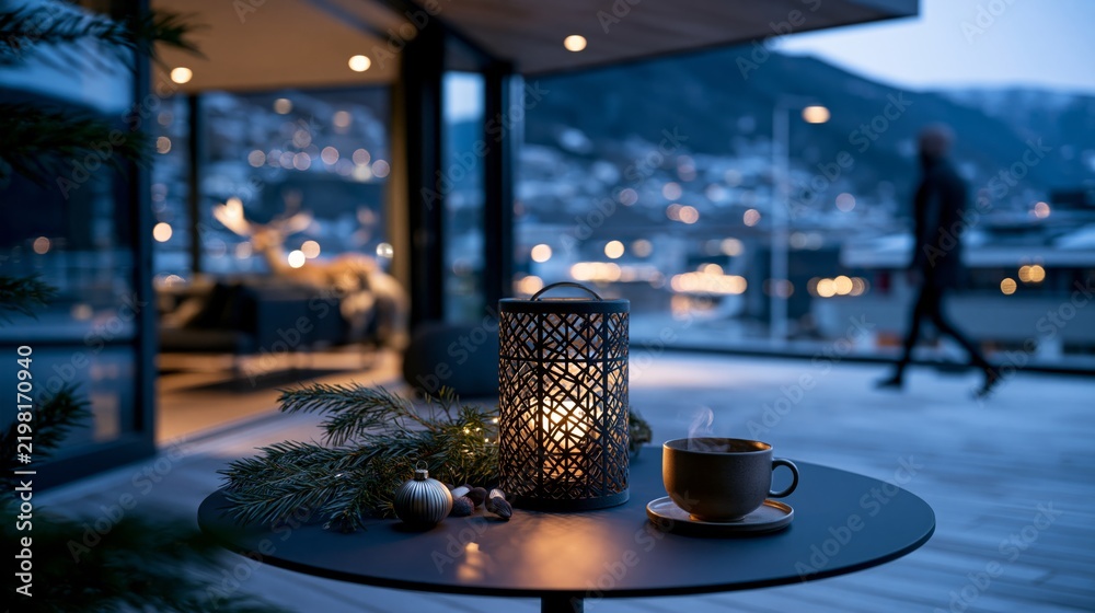 Fototapeta premium Luxury Christmas Balcony at Blue Hour with Lantern, Evergreen Branch and Steaming Cup, Premium Winter Travel Advertising Photography