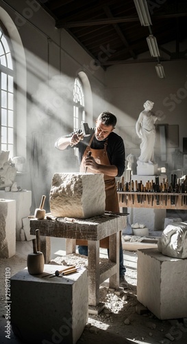 Artisan shaping stone sculpture with chisel and hammer in dusty sunlit studio workshop, focused craftsman creating art.