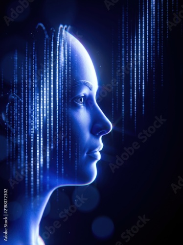 Full-length digital figure woven entirely from binary code