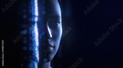 Face emerging from darkness lit by a narrow band of code