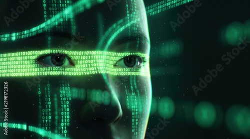 Scanning band of binary sweeping across a digital face's eyes
