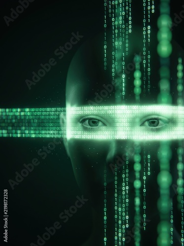 Full-length digital figure woven entirely from binary code