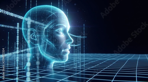 Full-body profile silhouette outlined in binary against a grid