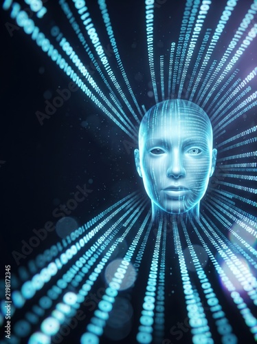 Full-length digital figure woven entirely from binary code