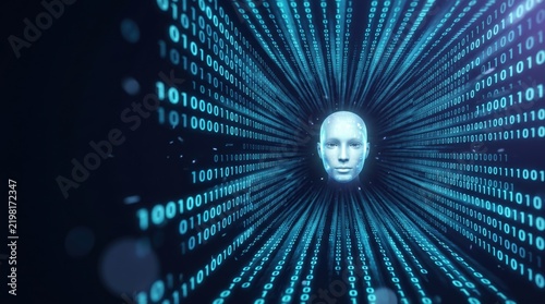 Full-length digital figure woven entirely from binary code