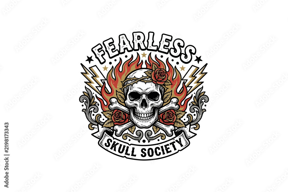 Fototapeta premium Fearless Skull Society emblem featuring flaming skull, crossbones, roses and lightning vector illustration on white