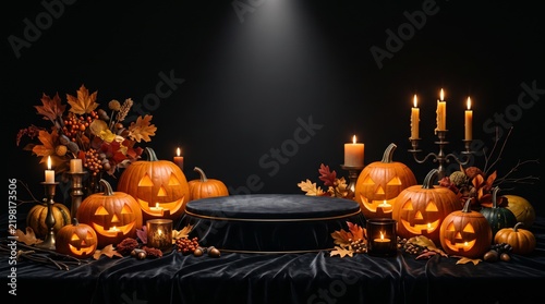 Halloween pumpkins and candles arranged on a dark table with spotlight