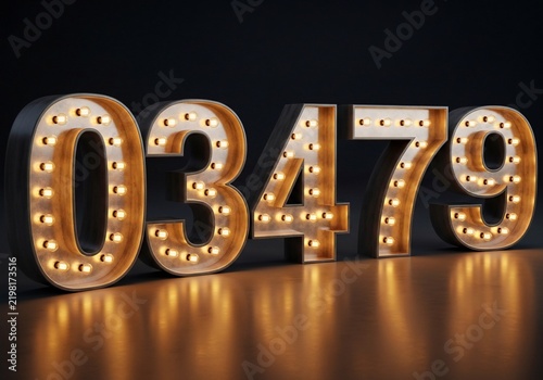 Illuminated Marquee Numbers 0 3 4 7 9, Retro Style, Warm Glow, Dark Background