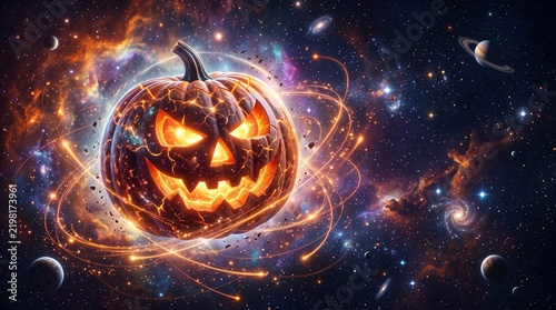 Glowing jack-o'-lantern surrounded by cosmic elements in space
