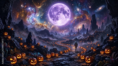 Person walking on a pumpkin-lined path under a full moon in a mystical landscape