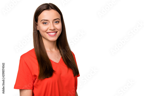 Close-up portrait of her she nice-looking attractive lovely charming pretty winsome cute cheerful cheery straight-haired girl wearing orange t-shirt isolated over light grey pastel color background