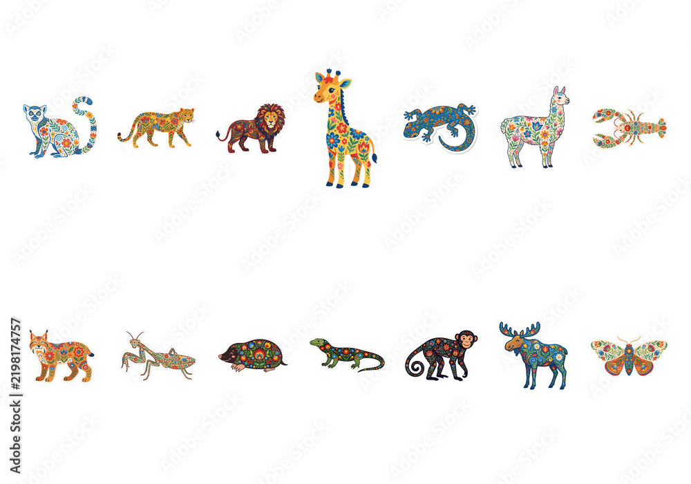 Fototapeta premium Colorful Patterned Animal Illustrations with Transparent Background for Creative Projects transparent background