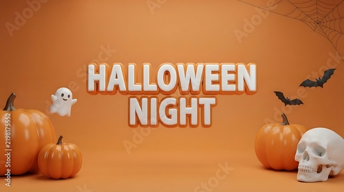 Halloween Night Decorations Featuring Pumpkins Ghost Skull Bat Orange Background