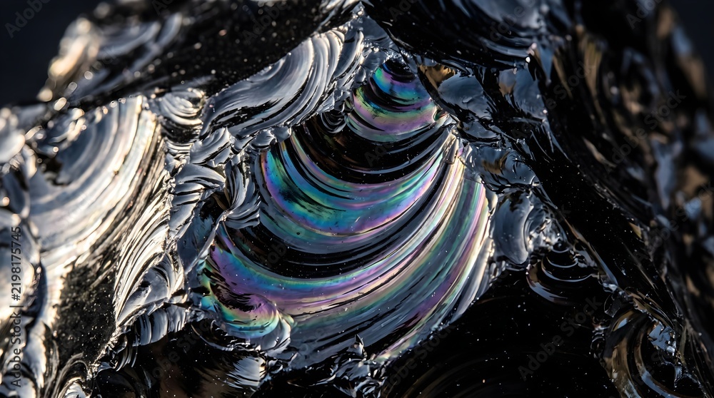 Obraz premium Iridescent black obsidian stone macro, volcanic glass texture with rainbow sheen, dark glossy mineral surface with conchoidal fracture patterns
