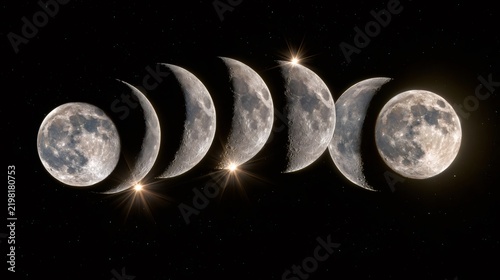 Moon phases across starry night sky with sunlight