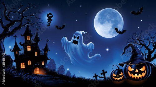 Halloween ghost flying over haunted house at night