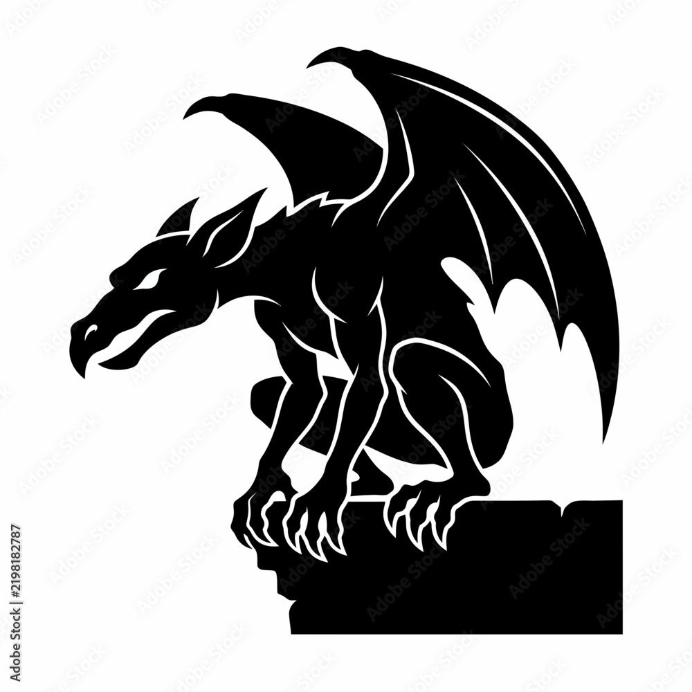 Obraz premium Black vector gargoyle illustration perched on stone ledge for gothic design element