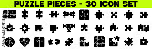 Puzzle pieces icon set. Puzzle jigsaw icons on white background, solid black glyph, assembled puzzle, teamwork, solution, strategy - stock vector
