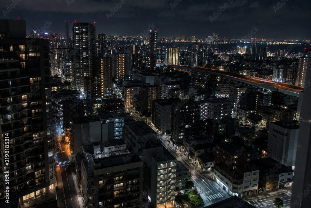 Obraz premium Tokyo Cityscape at Night with Illuminated Buildings and Urban Lights