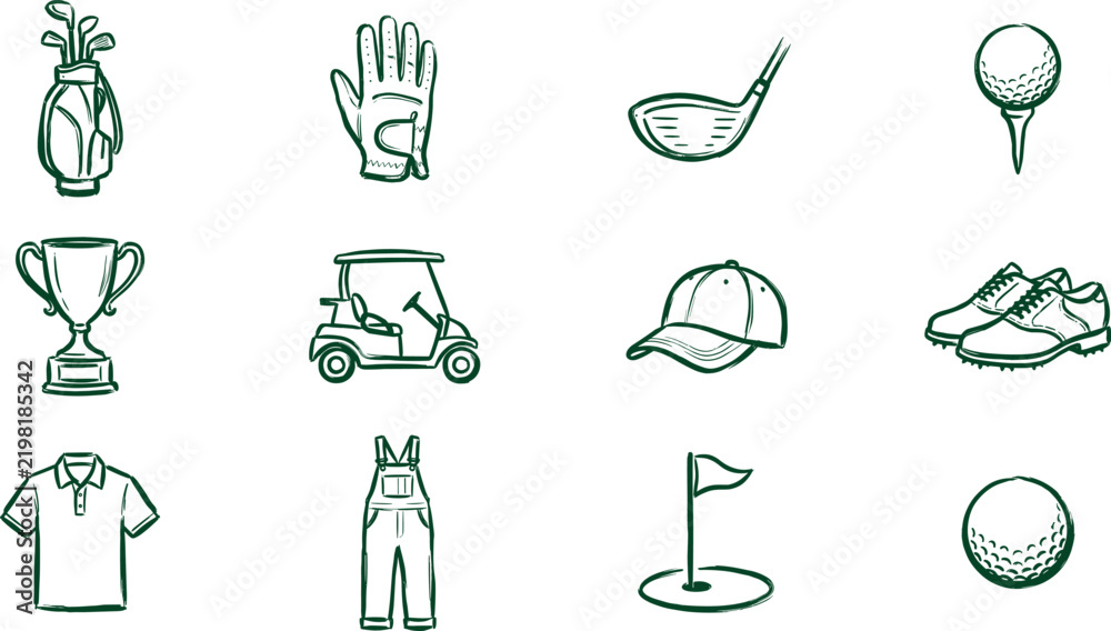 Fototapeta premium Golf sport equipment icons set in hand drawn sketch style with golf bag golf glove golf club golf ball golf trophy golf cart golf cap golf shoes polo shirt golf overalls golf flag