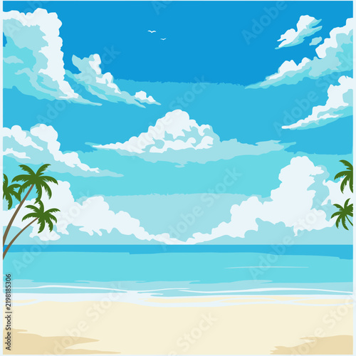 Tropical beach scene with fluffy clouds and a tranquil ocean. A peaceful, idyllic beachfront setting with palm trees, showcasing the beauty of a sunny day.