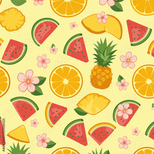 Fruit pattern with watermelon, pineapple, and orange slices with small flowers. Colorful fruit slices and flowers in a repeating pattern on a pale yellow background.