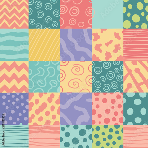 Colorful patchwork design with various patterns in a child's clothing/fabric design. Seamless pattern with squares/blocks, abstract designs, dots, lines, and swirls.