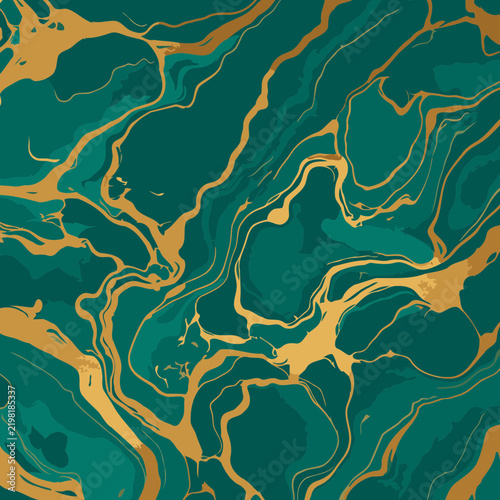 Abstract teal and gold marbled background design. Intricate swirling patterns with flecks of gold glitter.