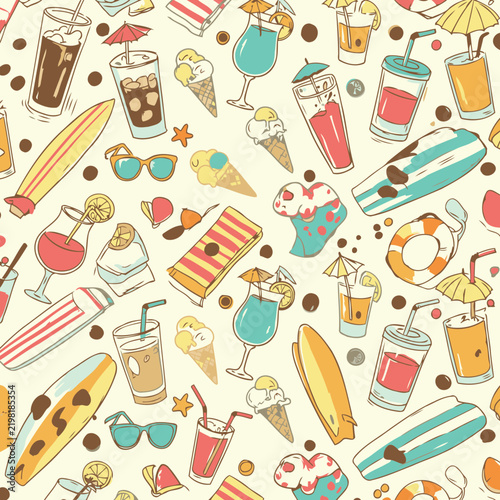 Summery drinks and beach activities for vacation enjoyment in a light pastel color scheme.