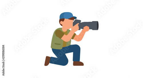 фотографія Vector illustration depicts a photographer kneeling while operating a camera