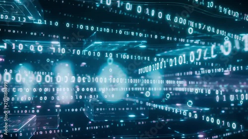 Binary code motion animation representing complex digital data streams flowing through deep blue cyberspace network environments