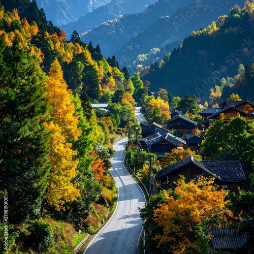 Scenic mountain road winding through a vibrant autumn forest village.
