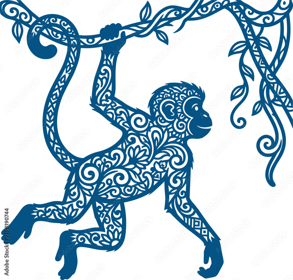 Fototapeta premium Ornamental Hanging Monkey Silhouette Vector Illustration with Intricate Mandala Swirl Patterns for Laser Cutting, Decals, and Wood Crafts