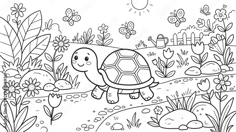 Obraz premium A delightful coloring page featuring a charming turtle exploring a lush garden filled with whimsical plants and enchanting forest creatures