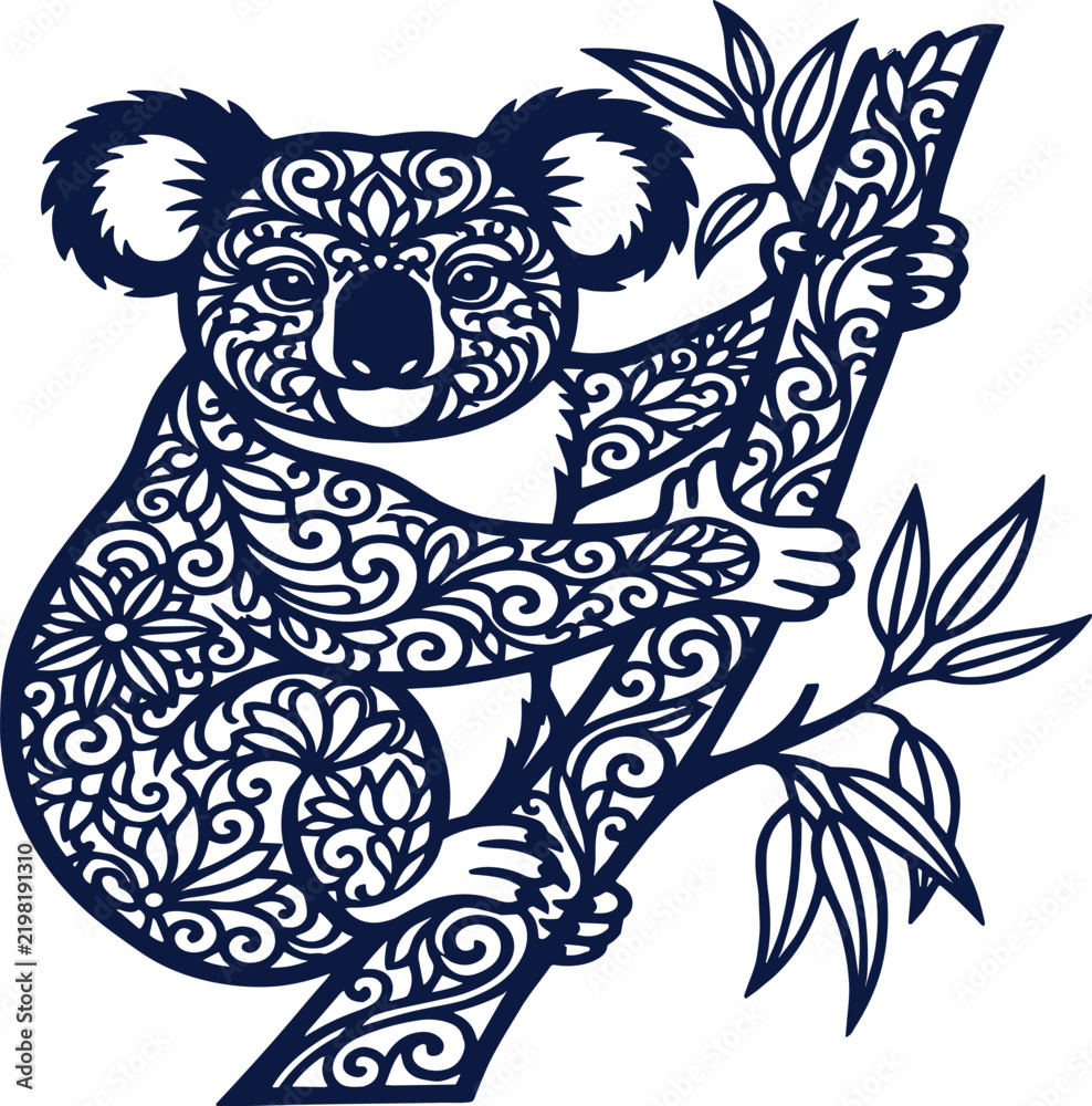 Fototapeta premium Ornamental Koala Bear On Eucalyptus Tree Vector Illustration With Floral Swirls Details Isolated On White Background