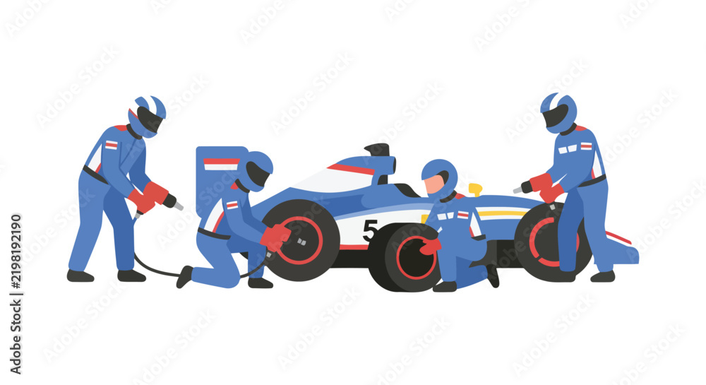 Obraz premium Formula one pit crew working on a race car flat vector illustration