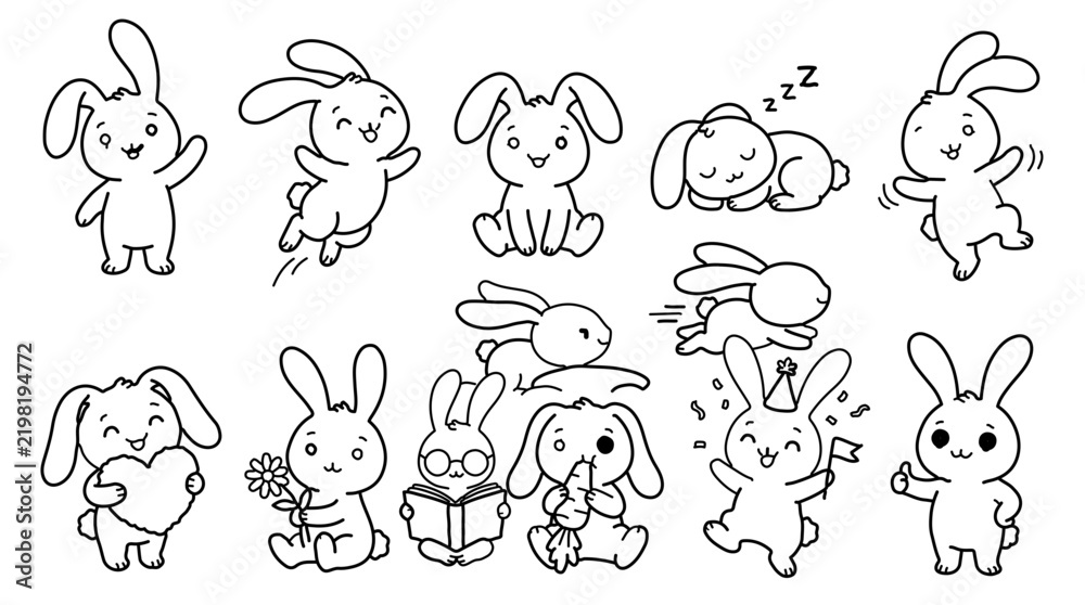 Obraz premium Cute Kawaii White Bunny Rabbit Cartoon Characters in Various Poses Vector Set