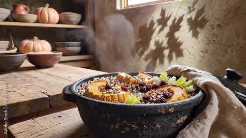Roasted squash rings, grains, cranberries and celery layered in a dark earthen casserole, warmed by window light inside an old country kitchen with wooden shelves, pottery and autumn produce