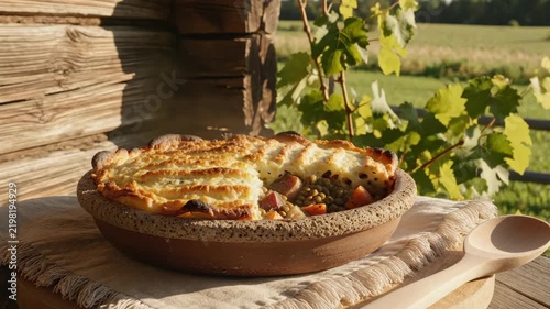 Lentil and root vegetable bake under a ridged golden mash crust, served in rough clay pottery on linen by a timber cabin, lit by late sun for a comforting countryside supper scene at harvest