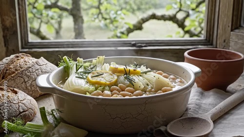 White bean and fennel braise with lemon and rosemary in a pale ceramic casserole, steaming beside crusty bread and linen at an orchard window with gentle daylight and quiet farmhouse charm indoors
