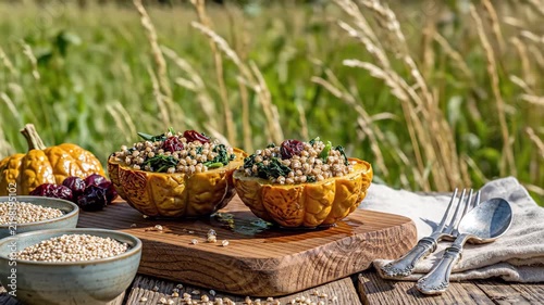 Stuffed squash halves with buckwheat, kale and dried berries on a thick wooden board, glowing against meadow grass with bowls of grain, vintage cutlery and bright seasonal field light at harvest