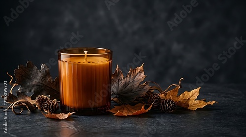 Amber-toned soy candle with natural wick burning in autumnal dried leaf arrangement on dark background