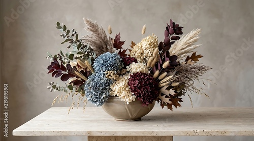 Dried floral arrangement in ceramic bowl on neutral-toned surface for home decor inspiration