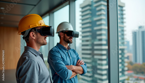 Construction workers using VR headsets in modern office building, observing city skyline. Virtual reality technology enhances safety training for construction workers.