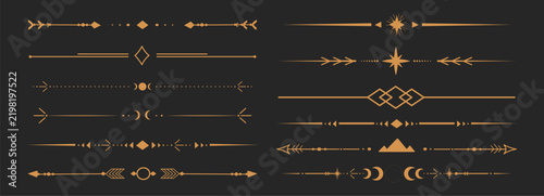 Celestial set golden dividers with stars and moons create elegant borders for spiritual designs and esoteric tarot layouts with celestial charm. Elegance boho designs with celestial decoration