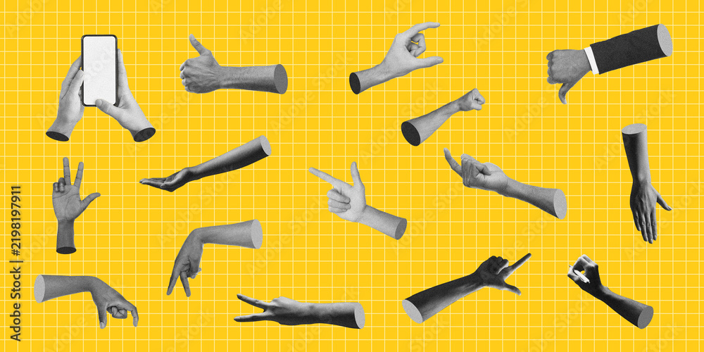 Fototapeta premium Unrecognizable Hands Gesturing Various Signals Like Thumbs Up And Down While Holding Smartphone, Set Of Different Hand Positions In Creative Studio Setting, Communication Concept.