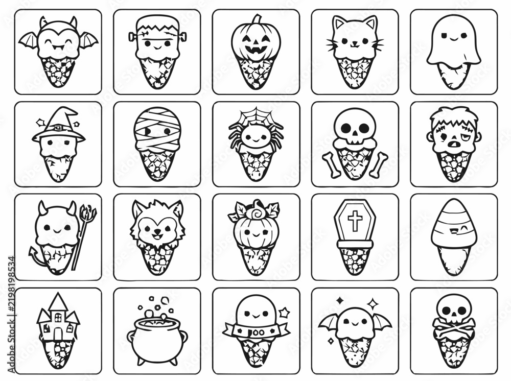 Fototapeta premium Halloween Ice Cream Cone Coloring Page Set - Vampire, Mummy, Ghost, Pumpkin, Skull Line Art Icon Collection