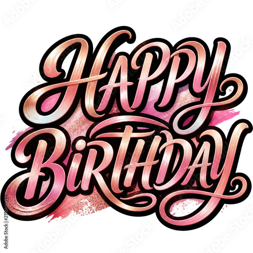 Rose gold happy birthday calligraphic lettering with pink brush strokes. Elegant metallic typography design for greeting cards.