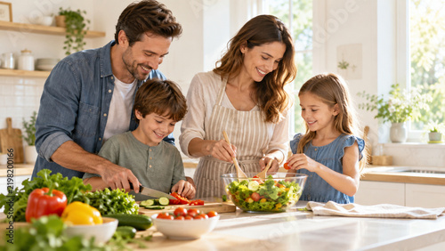 Happy family cooking healthy food together in bright modern kitchen