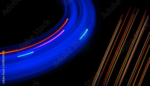Futuristic Blue Swirl and Orange Light Trails Background with Speed Motion Blur